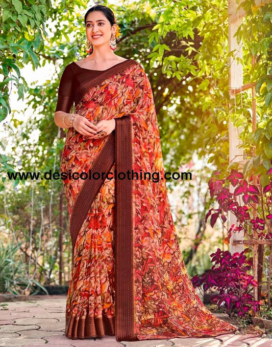 Brown Georgette Zari Saree