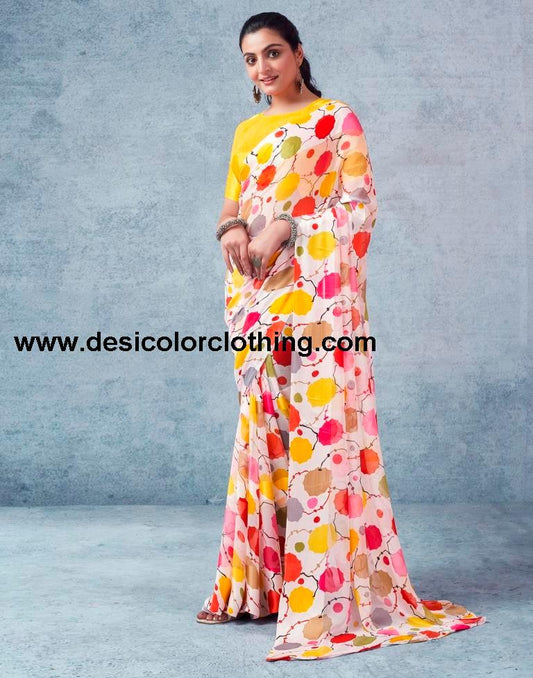 White Georgette Printed  Saree