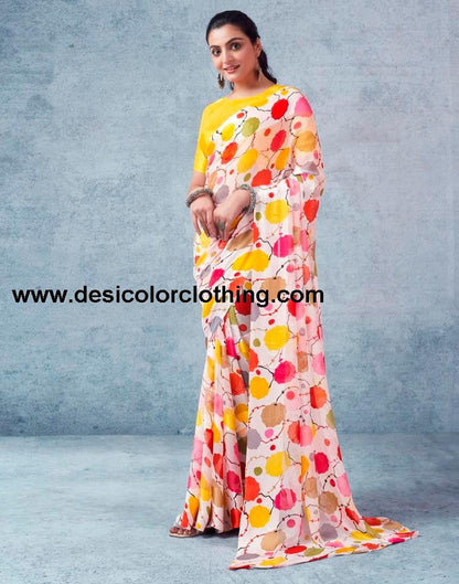 White Georgette Printed  Saree