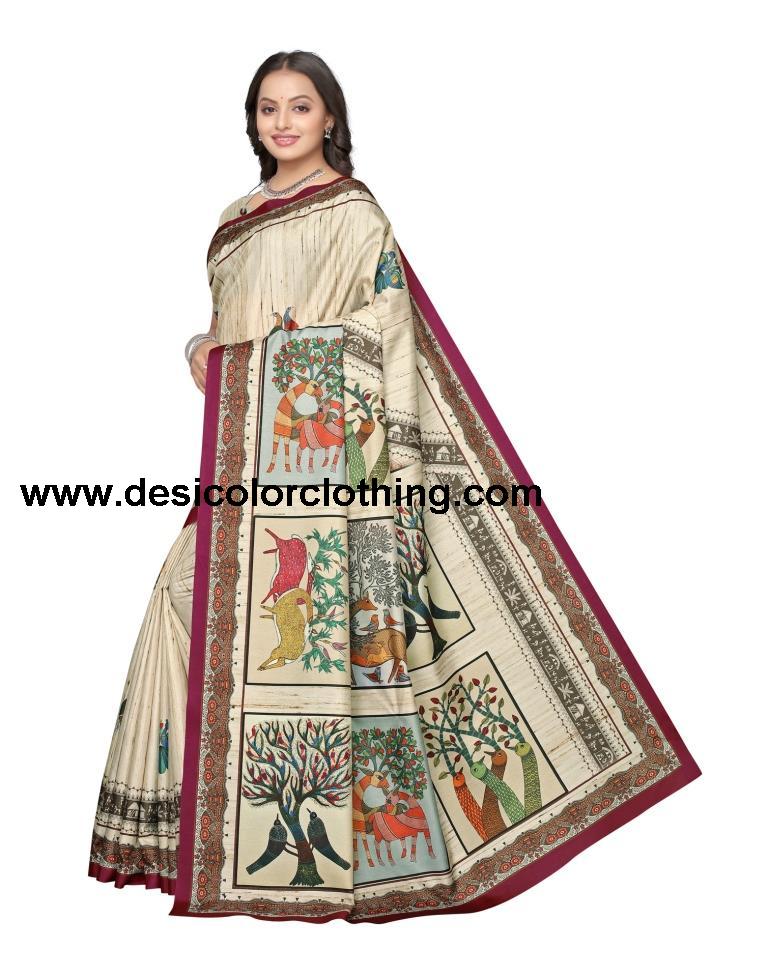 Cream Coloured Art Silk Digital Printed Casual saree