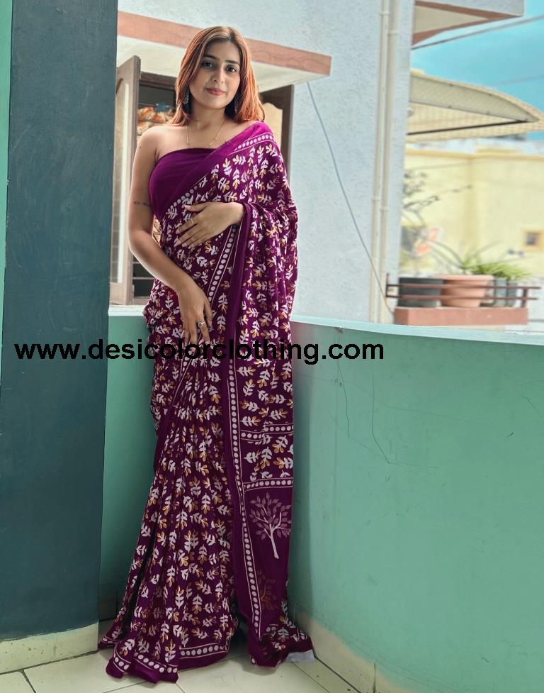 Purple Printed Cotton Saree