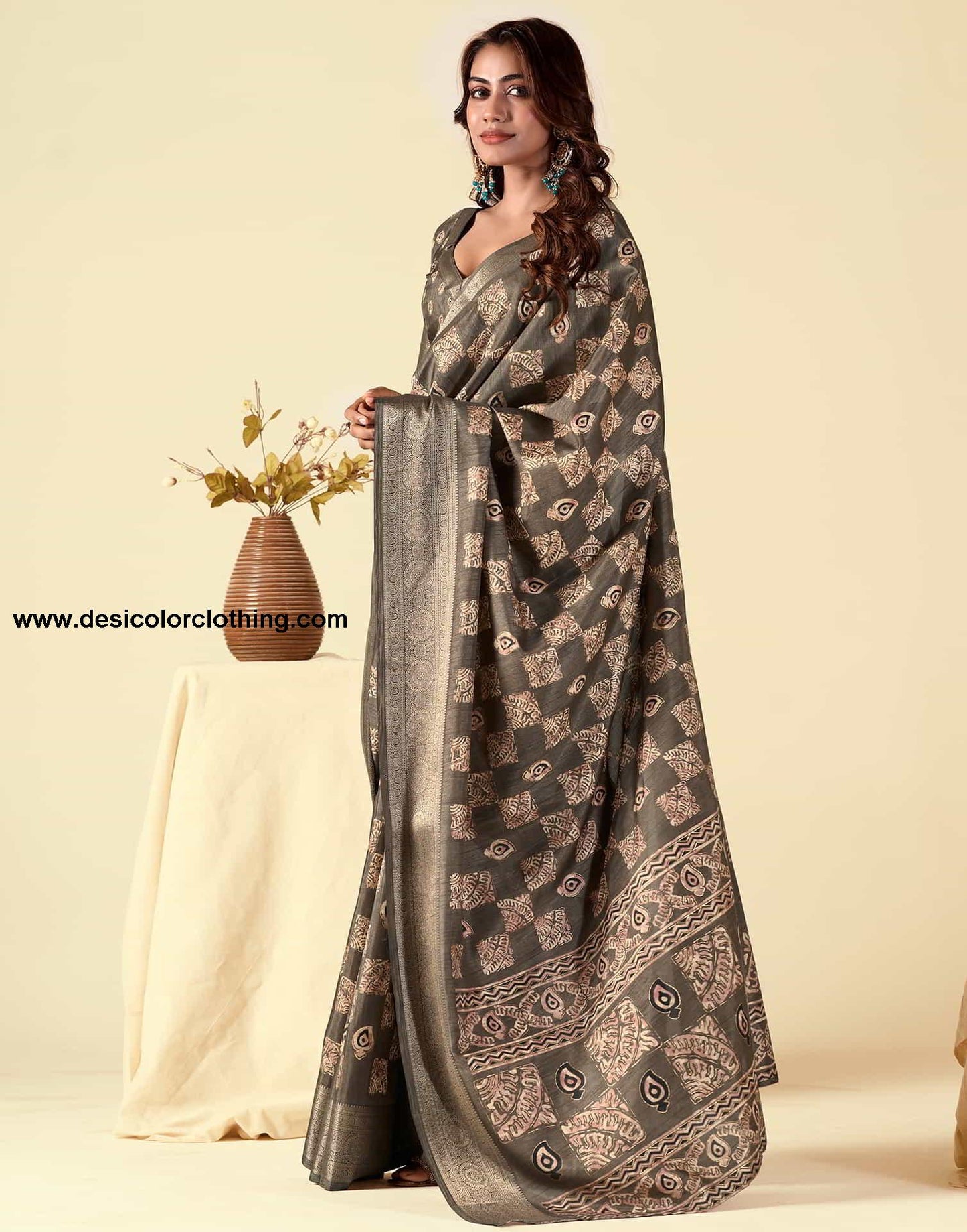 Brown Silk Printed Saree