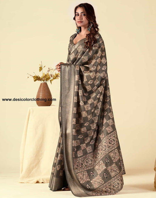 Brown Silk Printed Saree
