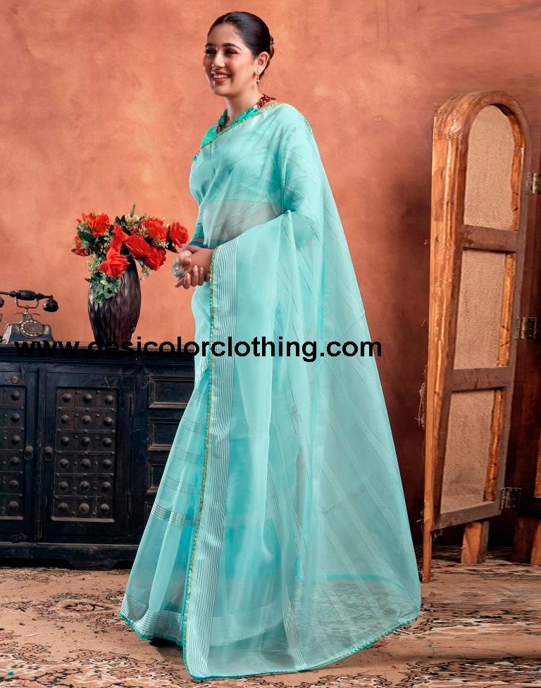 Sky Blue Orgenza Plain Saree