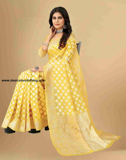 Yellow Cotton Plain Saree