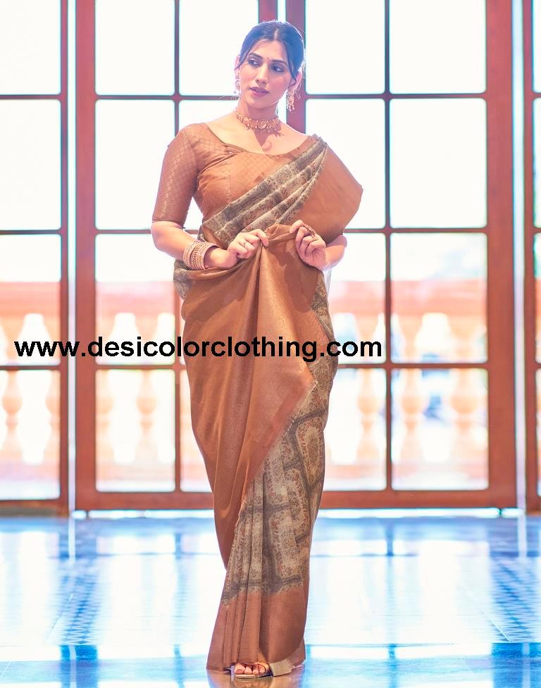 Beige Silk Printed Saree