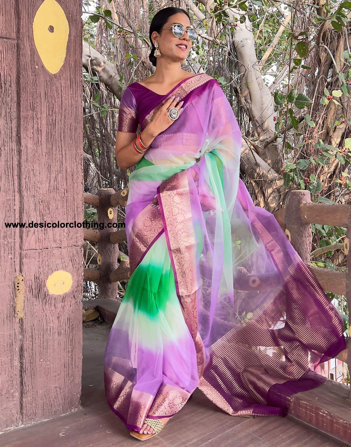 Dark Purple Plain Organza Saree