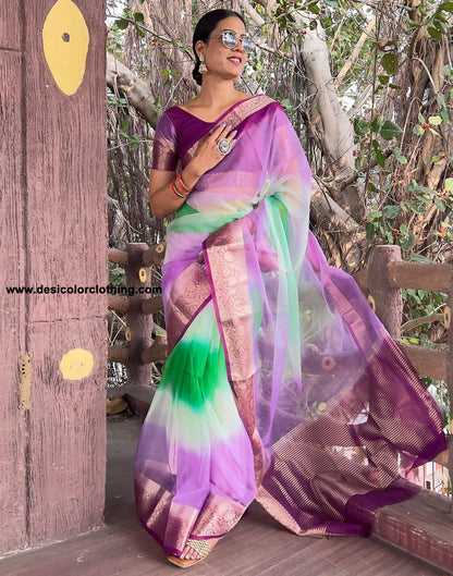 Dark Purple Plain Organza Saree