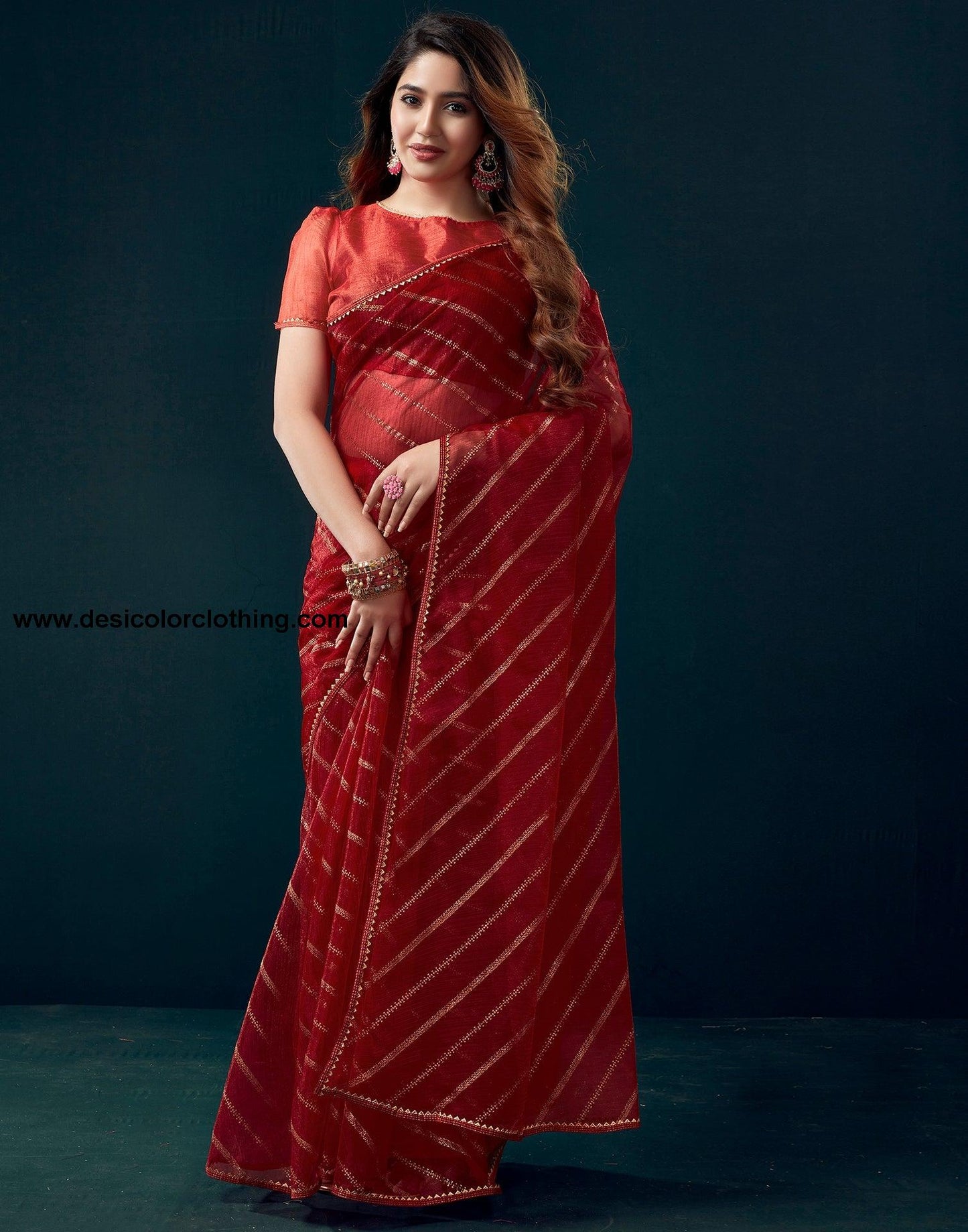 Red Net Plain Saree