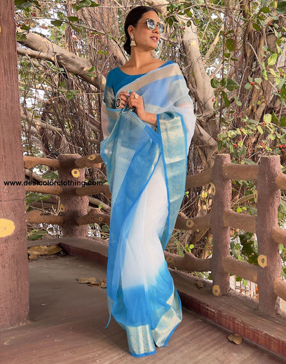 Blue Plain Organza Saree