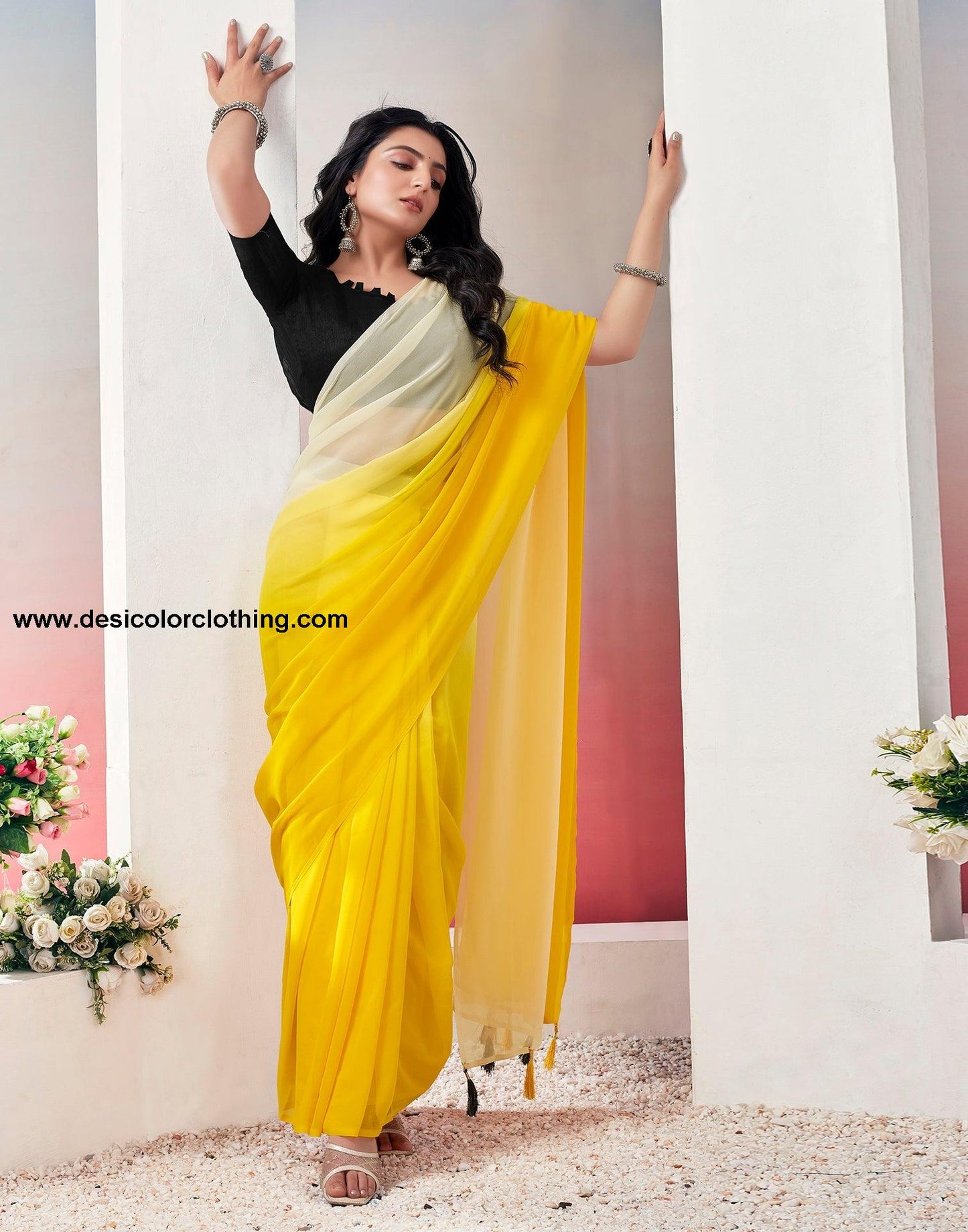 Turmeric Georgette Plain Ready to Wear Saree