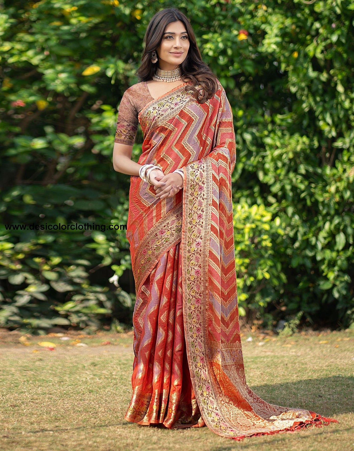 Orange Jacquard Organza Saree