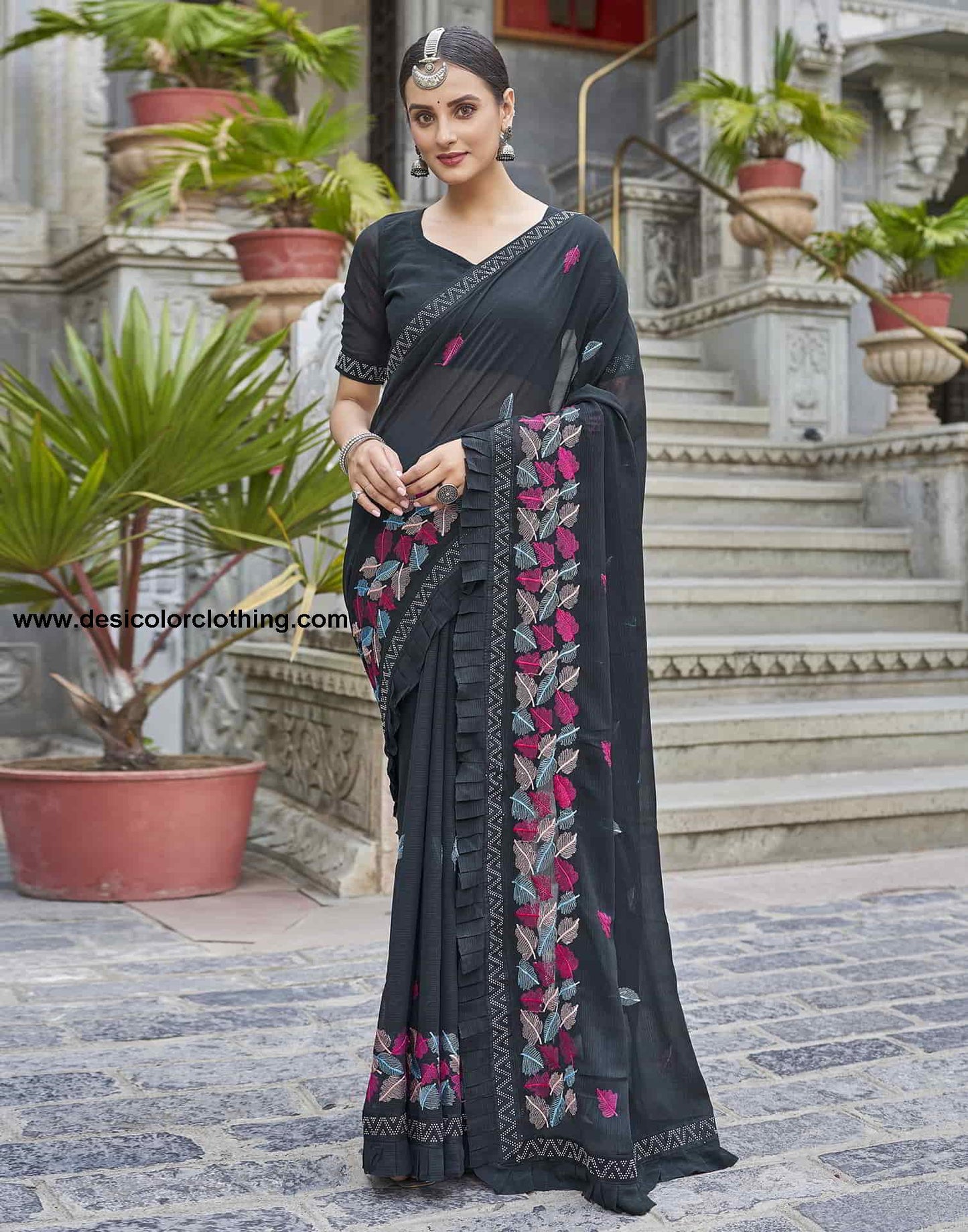 Blue Embroidery Georgette Stone Work Saree