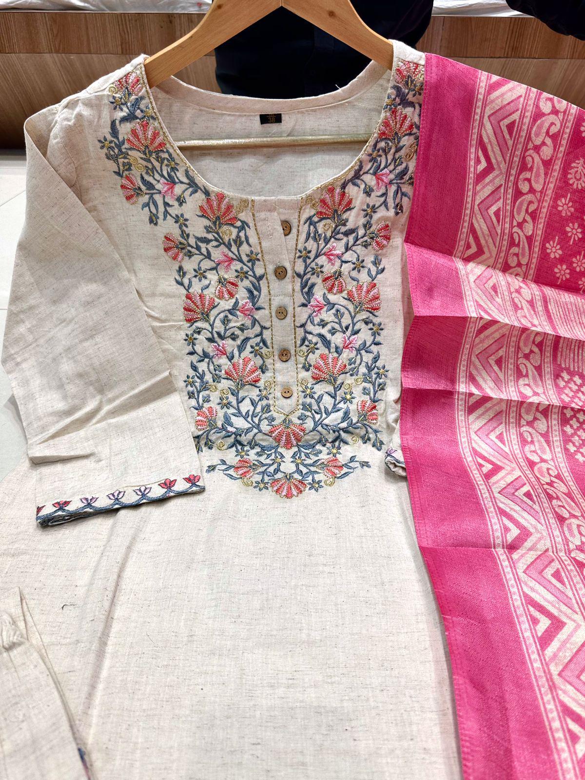 Product Image - Khadi Cotton Embroidery Suit with Khadi Silk Dupatta – Perfect Festive Wear
