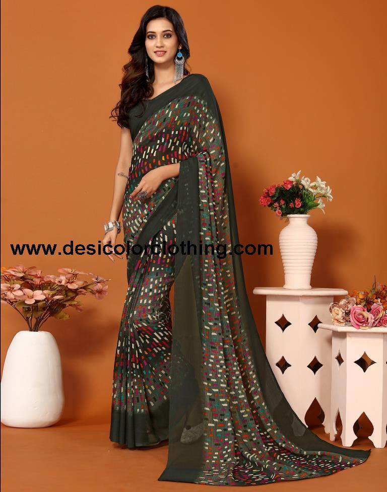 Dark Green Georgette Printed Saree