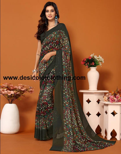 Dark Green Georgette Printed Saree