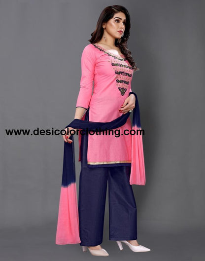Pink Cotton Embroidered Unstitched Salwar Suit