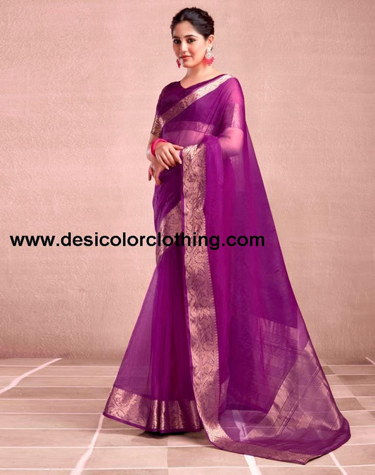 Dark Magenta Orgenza Plain Saree