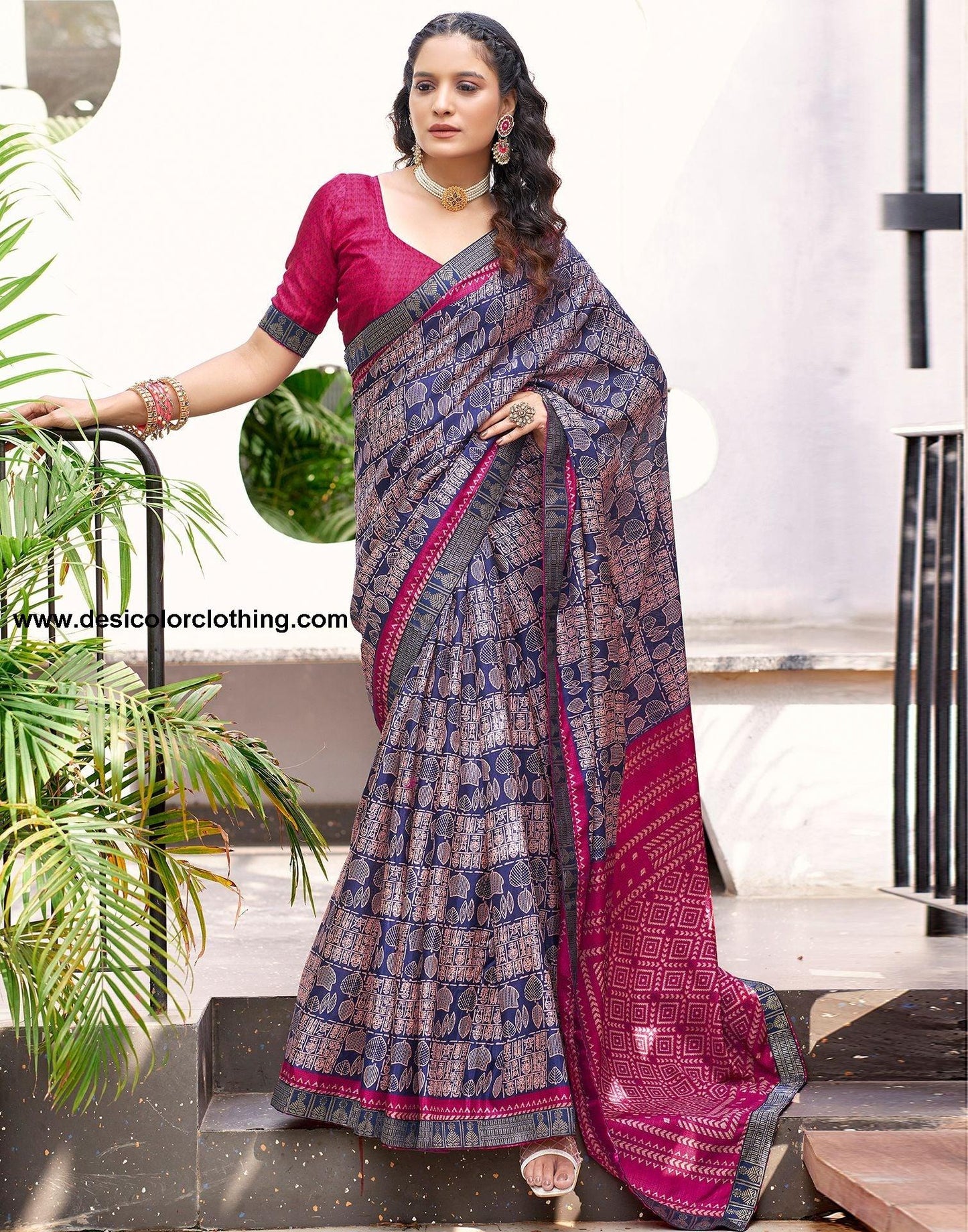 Dark Blue Printed Silk Saree
