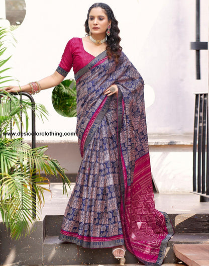 Dark Blue Printed Silk Saree