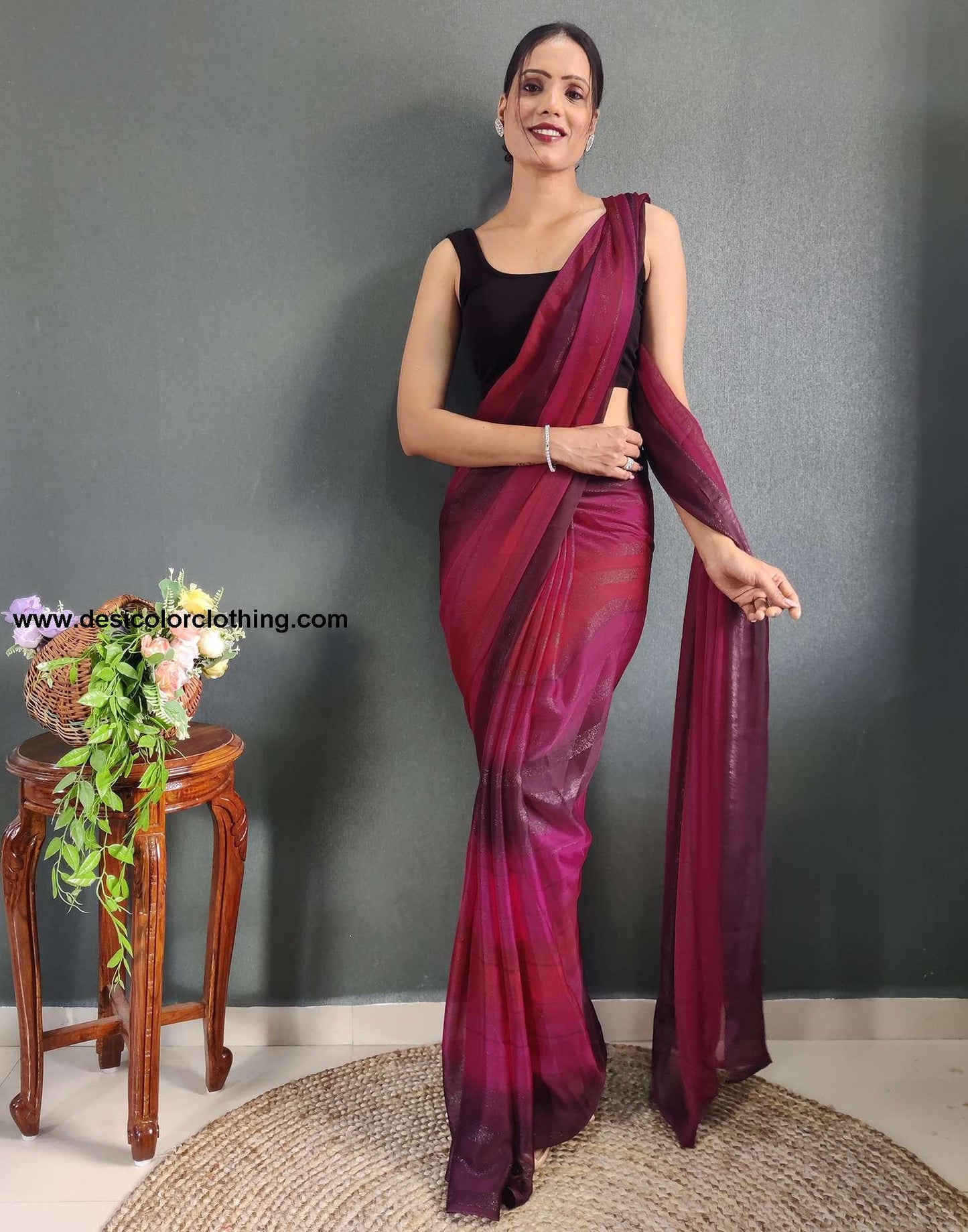 Pink Printed Georgette Pre-draped Saree