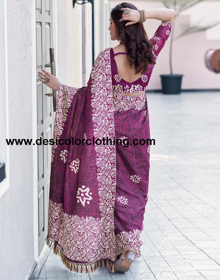 Dark Purple Silk Printed Saree