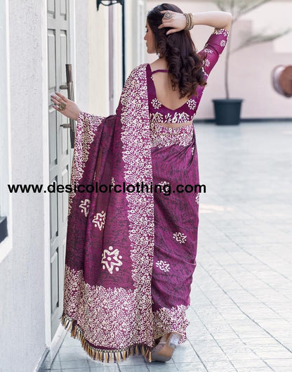Dark Purple Silk Printed Saree
