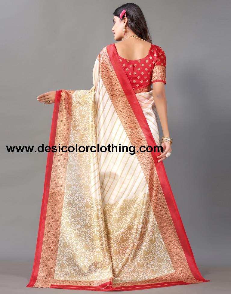 Cream Printed Silk Saree