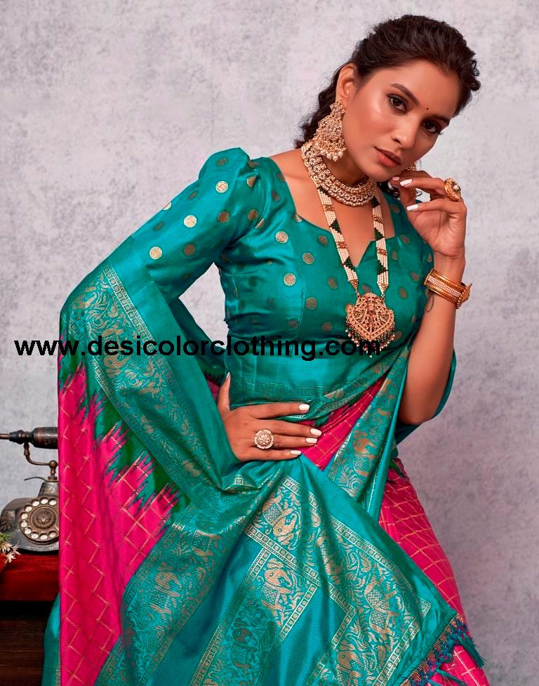 Teal Blue Silk Printed Saree
