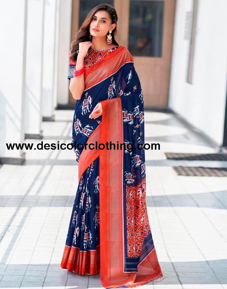 Rust Silk Printed Saree