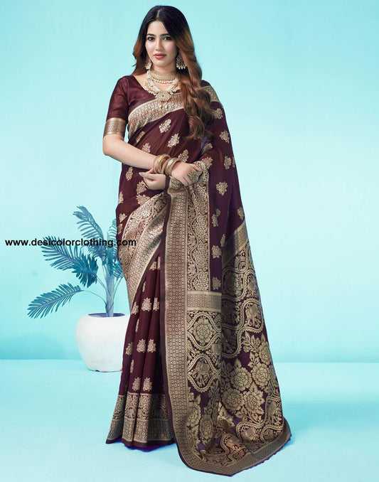 Brown Jacquard Silk Saree