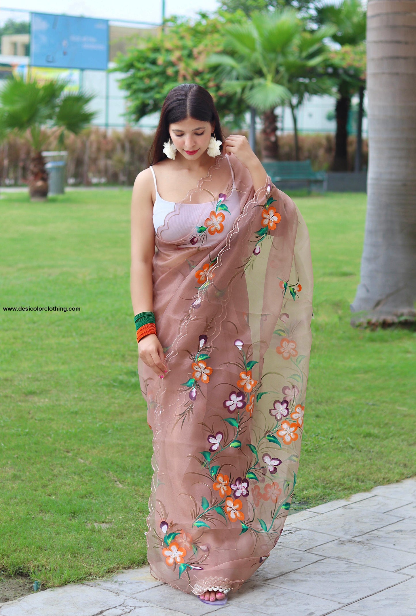 Beautiful Hand-Painted Organza Silk Saree – A Blend of Artistry and Elegance