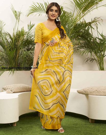 Yellow Cotton Printed Saree