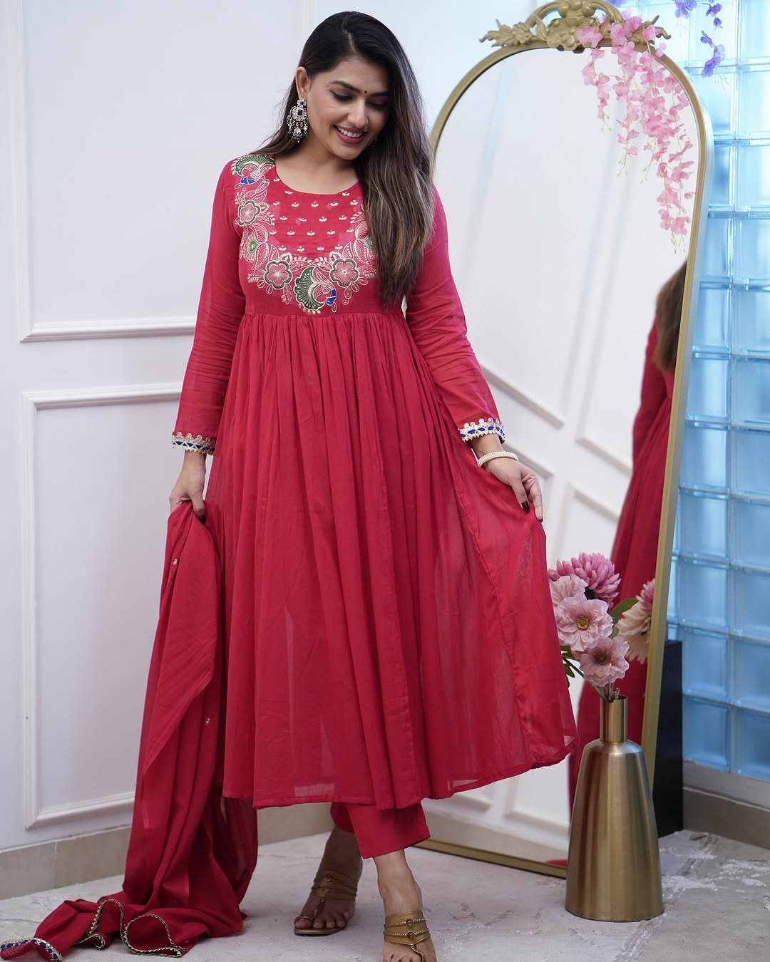 Product Image - Designer Cotton Anarkali Suit Set with Embroidered Dupatta - Festive & Wedding Wear