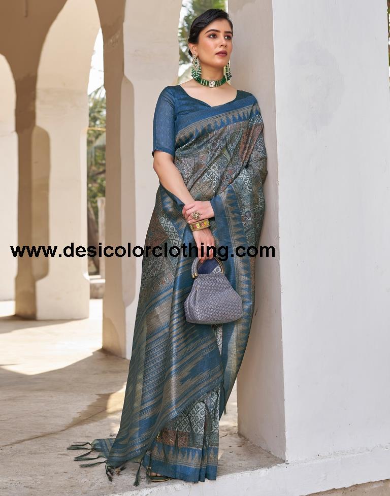 Blue Silk Printed Ready To Wear