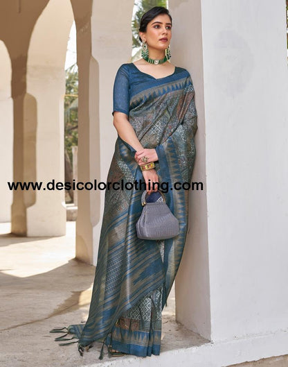 Blue Silk Printed Ready To Wear