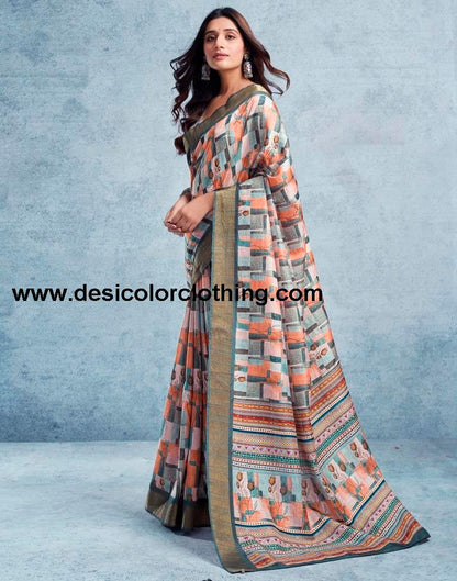 Cream Silk Printed  Saree