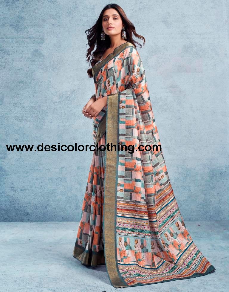 Cream Silk Printed  Saree