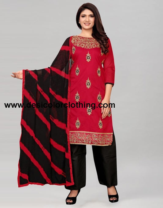Red Chanderi Silk Embroidered Unstitched Salwar Suit