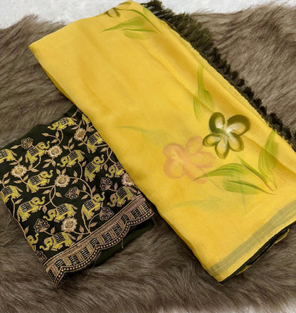 Product Image - Mahek Designer Saree - Kiwi Crush Fabric with Brush Paint & Handwork Blouse