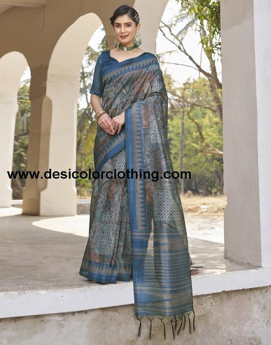 Blue Silk Printed Ready To Wear