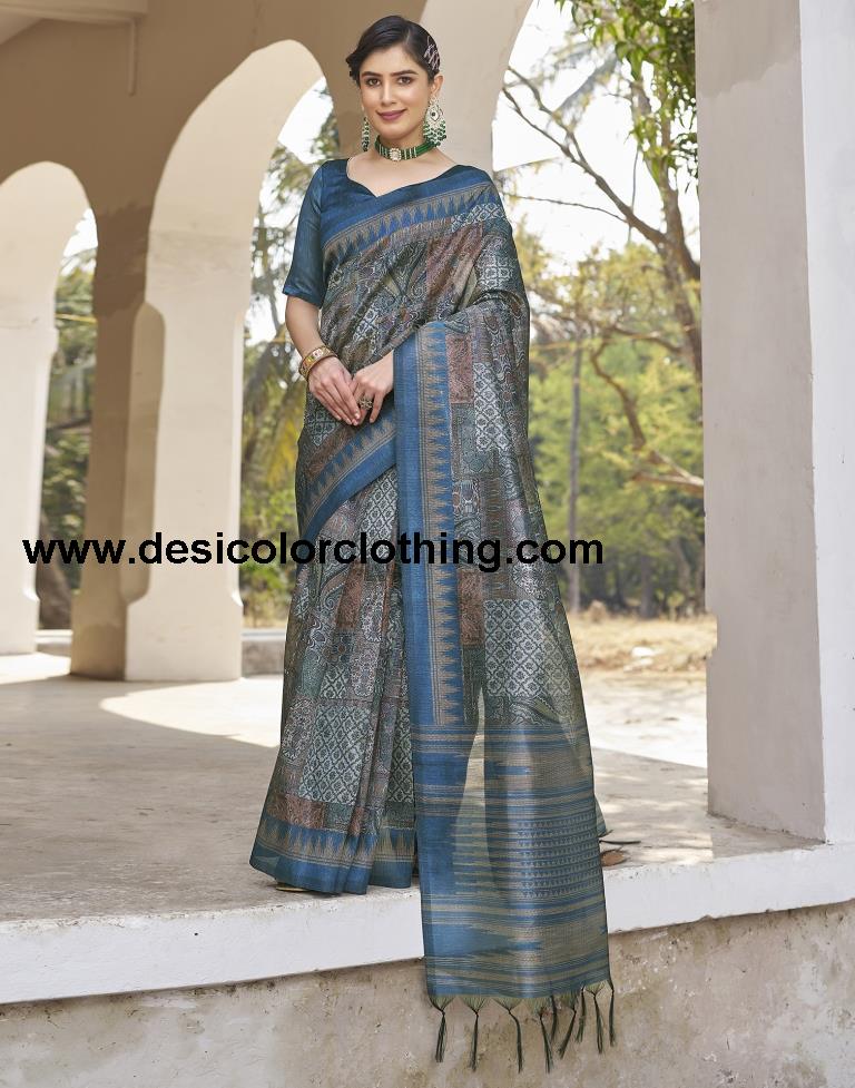 Blue Silk Printed Ready To Wear
