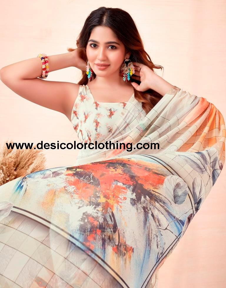 Cream Georgette Printed Sarees