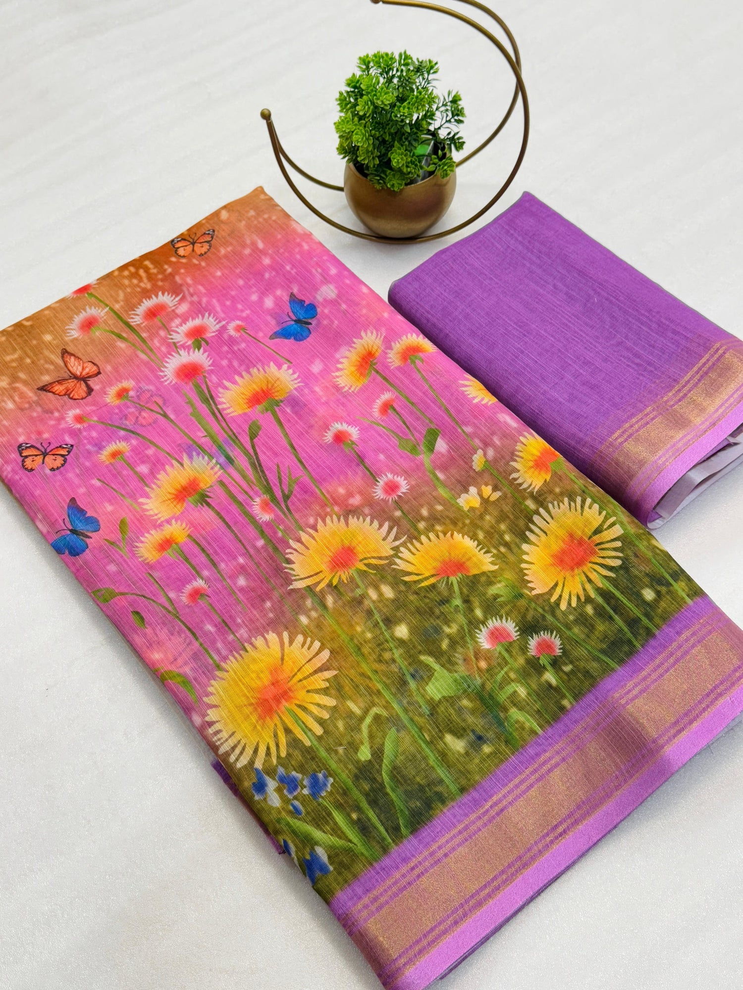 Product Image - Elegant Designer Soft Linen Cotton Saree with Digital Prints and Golden Zari Border