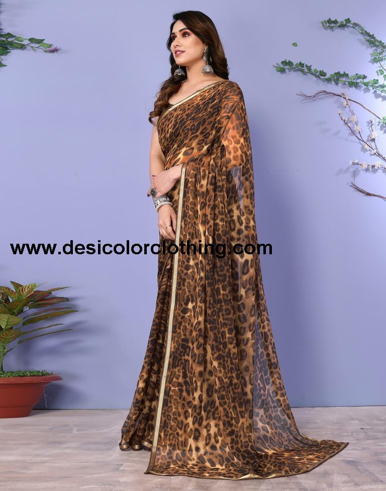 Dark Brown Chiffon Animal Printed Saree