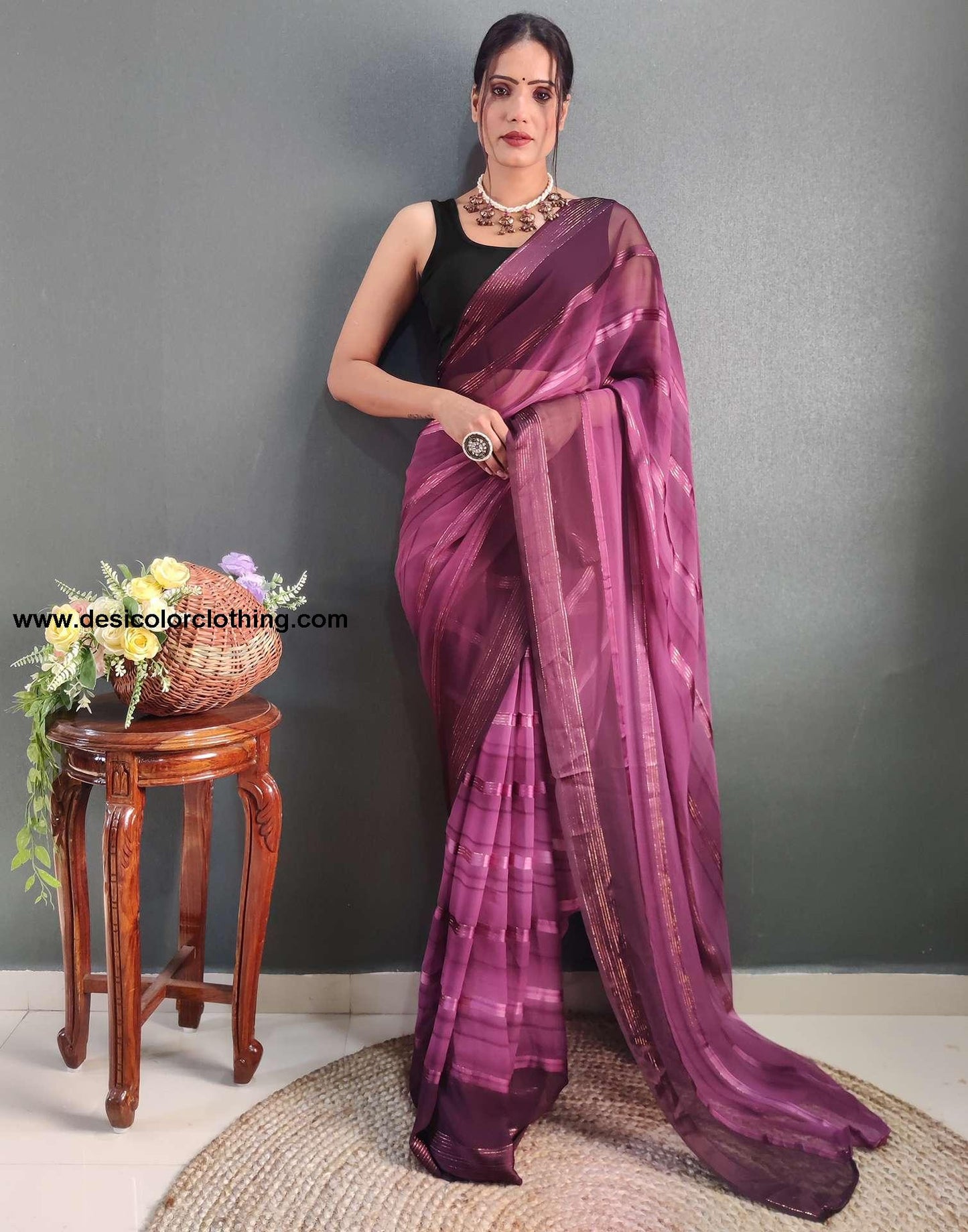 Purple Weaving Georgette Pre-draped Saree