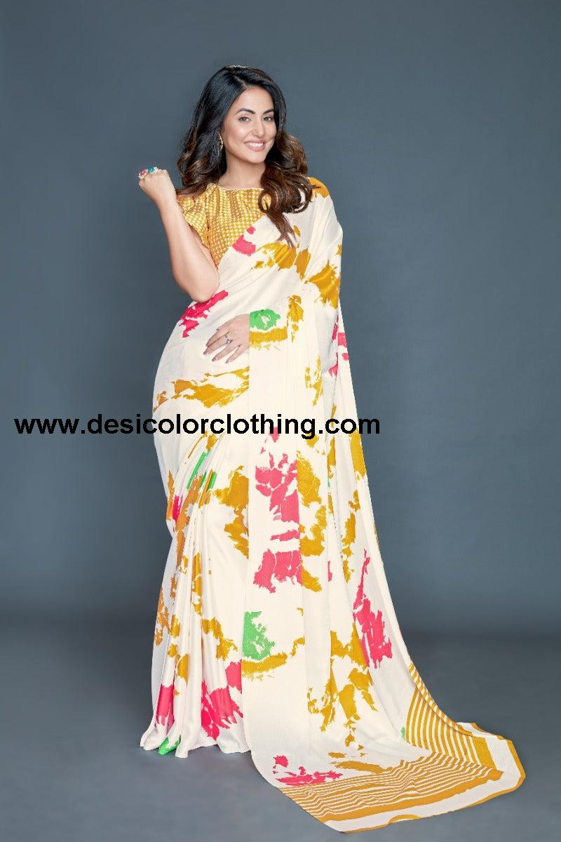 White Coloured silk Satin Printed Saree