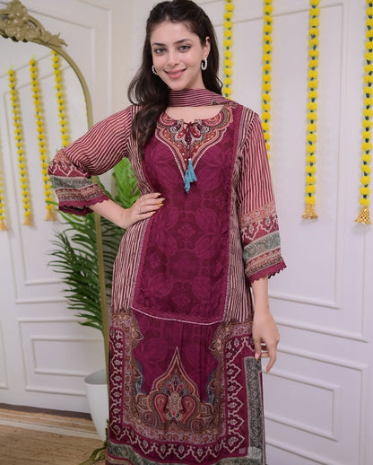 Product Image - Elegant Rajhans Muslin Pakistani Suit - Digital Prints & Hand Embroidery