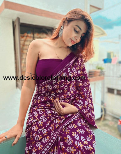 Purple Printed Cotton Saree