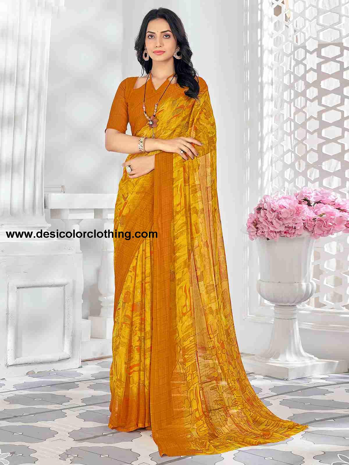 Yellow Chiffon Printed Saree